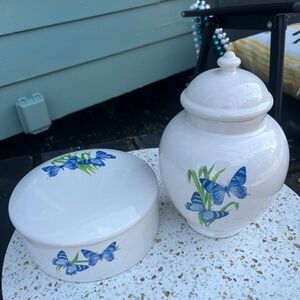 Made in Thailand Set Blue Butterfly & Floral Vase and Trinket Jar